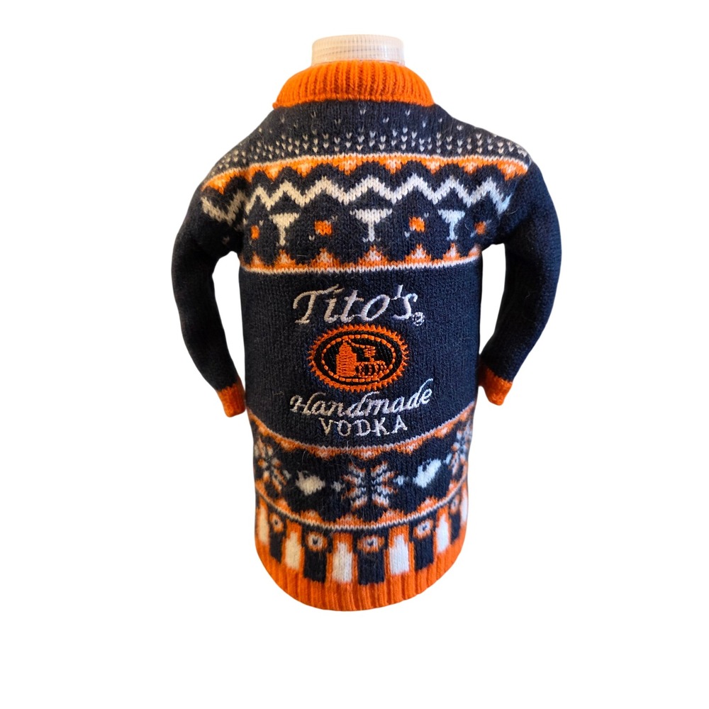 Titos Handmade Vodka Bottle Sweater Coozie Holiday Ugly Christmas Navy Orange